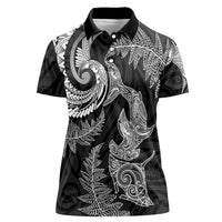 New Zealand Sea Animals with Maori Tribal Tattoo Women Polo Shirt Shark Manta Ray with Silver Fern Black LT03 Female Black - Polynesian Pride