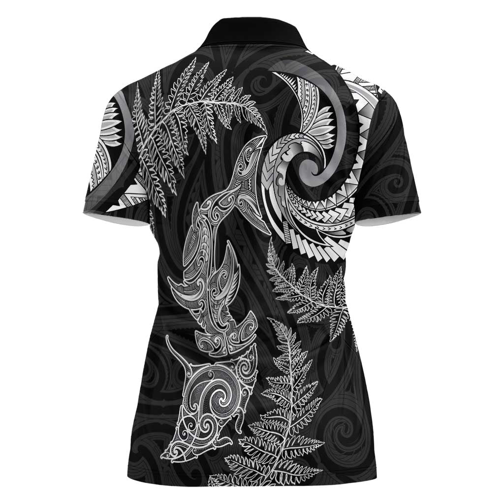New Zealand Sea Animals with Maori Tribal Tattoo Women Polo Shirt Shark Manta Ray with Silver Fern Black LT03 - Polynesian Pride