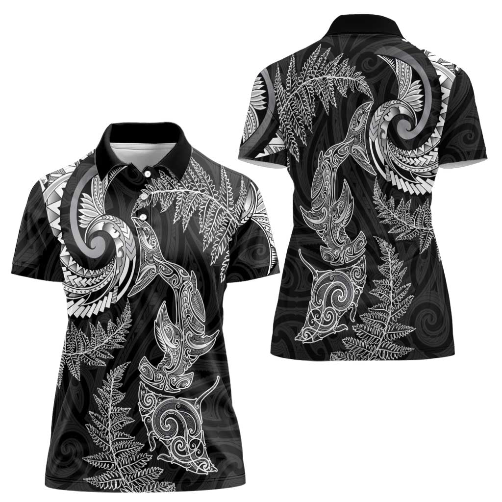 New Zealand Sea Animals with Maori Tribal Tattoo Women Polo Shirt Shark Manta Ray with Silver Fern Black LT03 - Polynesian Pride