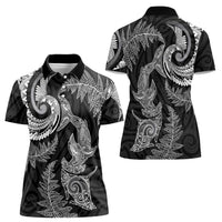 New Zealand Sea Animals with Maori Tribal Tattoo Women Polo Shirt Shark Manta Ray with Silver Fern Black LT03 - Polynesian Pride
