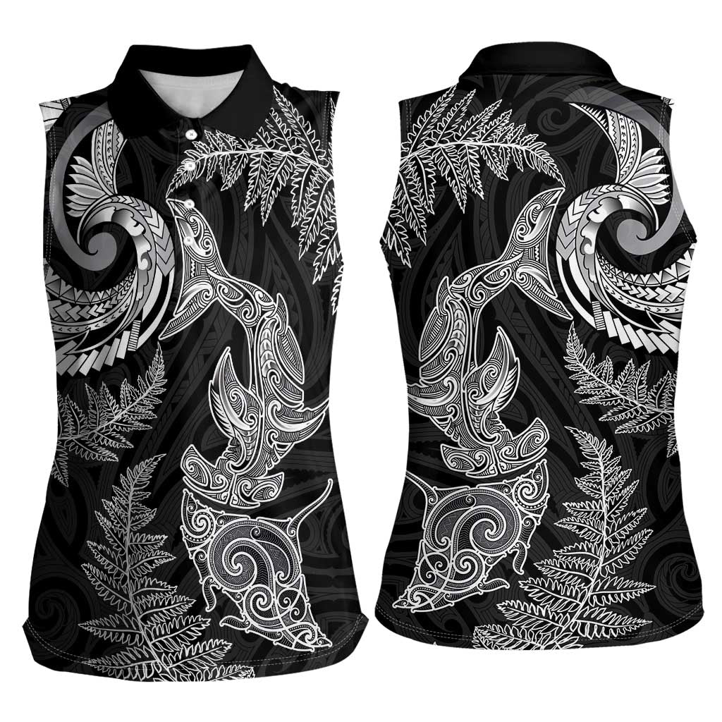 New Zealand Sea Animals with Maori Tribal Tattoo Women Sleeveless Polo Shirt Shark Manta Ray with Silver Fern Black