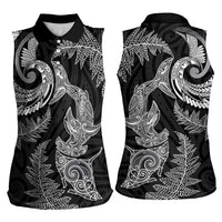 New Zealand Sea Animals with Maori Tribal Tattoo Women Sleeveless Polo Shirt Shark Manta Ray with Silver Fern Black
