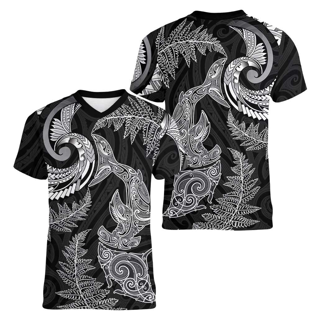 New Zealand Sea Animals with Maori Tribal Tattoo Women V-Neck T-Shirt Shark Manta Ray with Silver Fern Black
