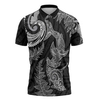 New Zealand Sea Animals with Maori Tribal Tattoo Zipper Polo Shirt Shark Manta Ray with Silver Fern Black