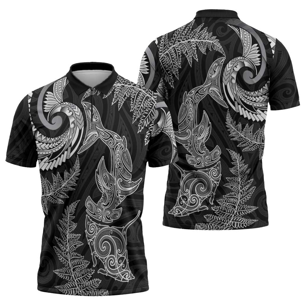 New Zealand Sea Animals with Maori Tribal Tattoo Zipper Polo Shirt Shark Manta Ray with Silver Fern Black
