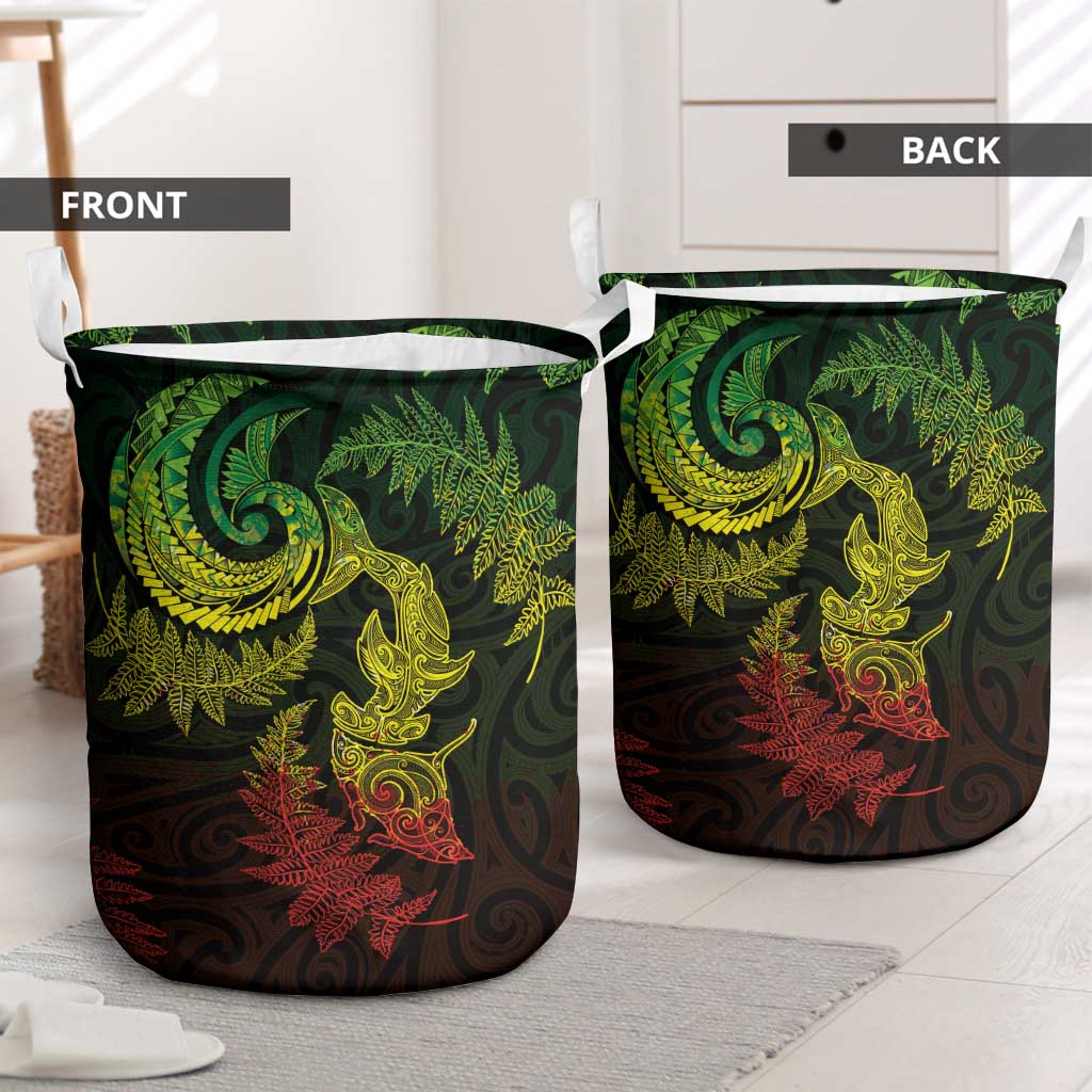 New Zealand Sea Animals with Maori Tribal Tattoo Laundry Basket Shark Manta Ray with Silver Fern Reggae
