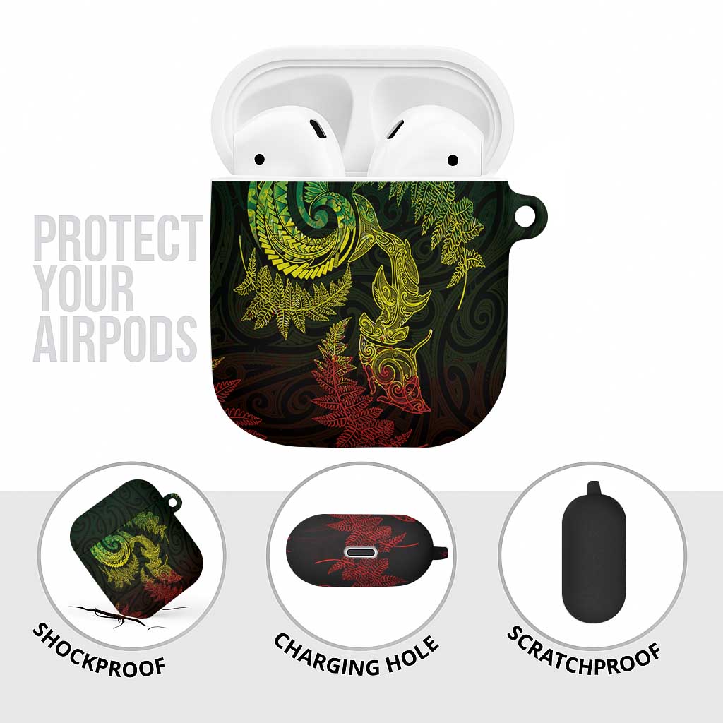 New Zealand Sea Animals with Maori Tribal Tattoo AirPods Case Shark Manta Ray with Silver Fern Reggae