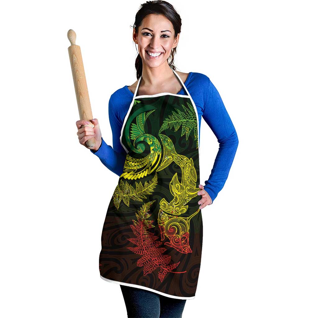 New Zealand Sea Animals with Maori Tribal Tattoo Apron Shark Manta Ray with Silver Fern Reggae