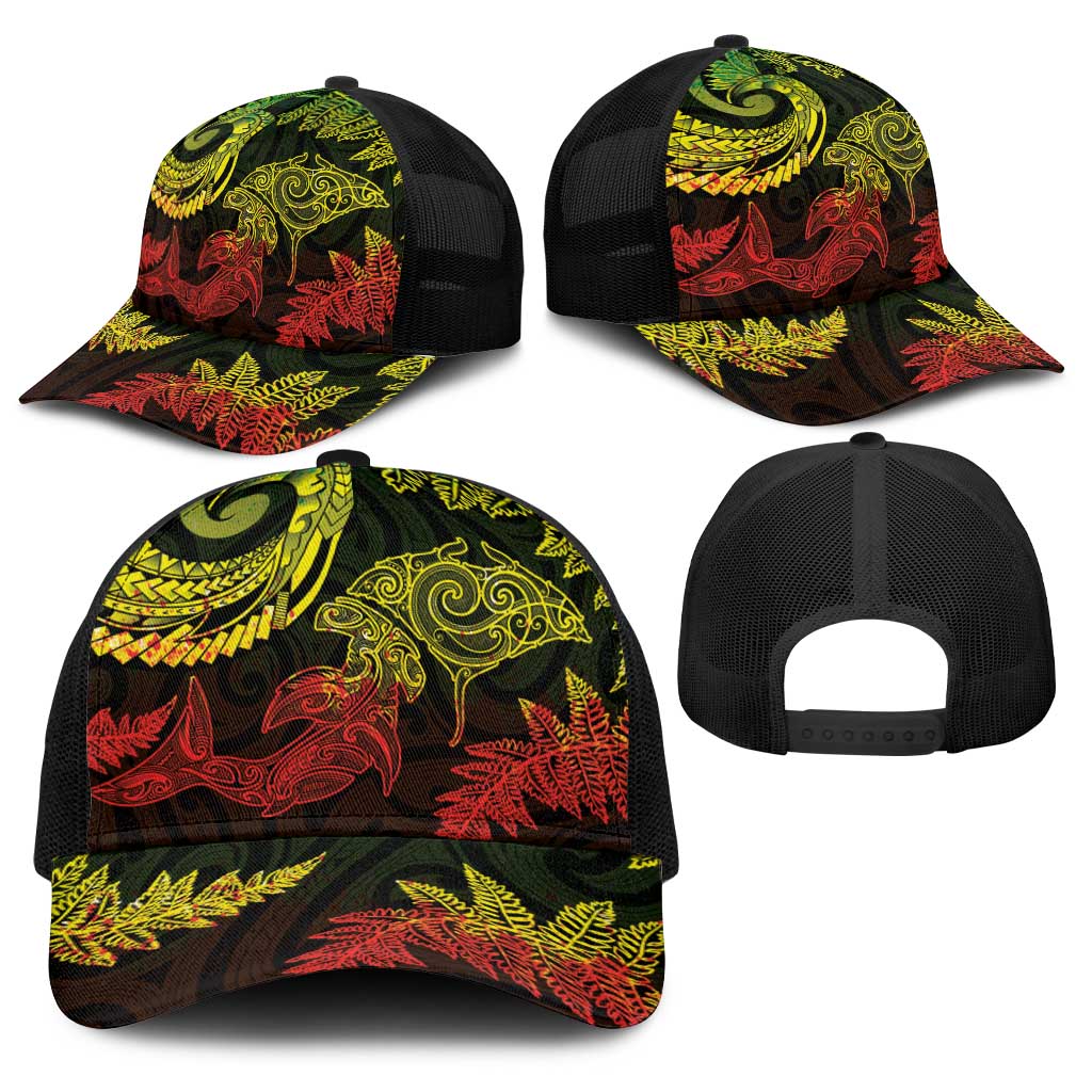New Zealand Sea Animals with Maori Tribal Tattoo Baseball Net Cap Shark Manta Ray with Silver Fern Reggae