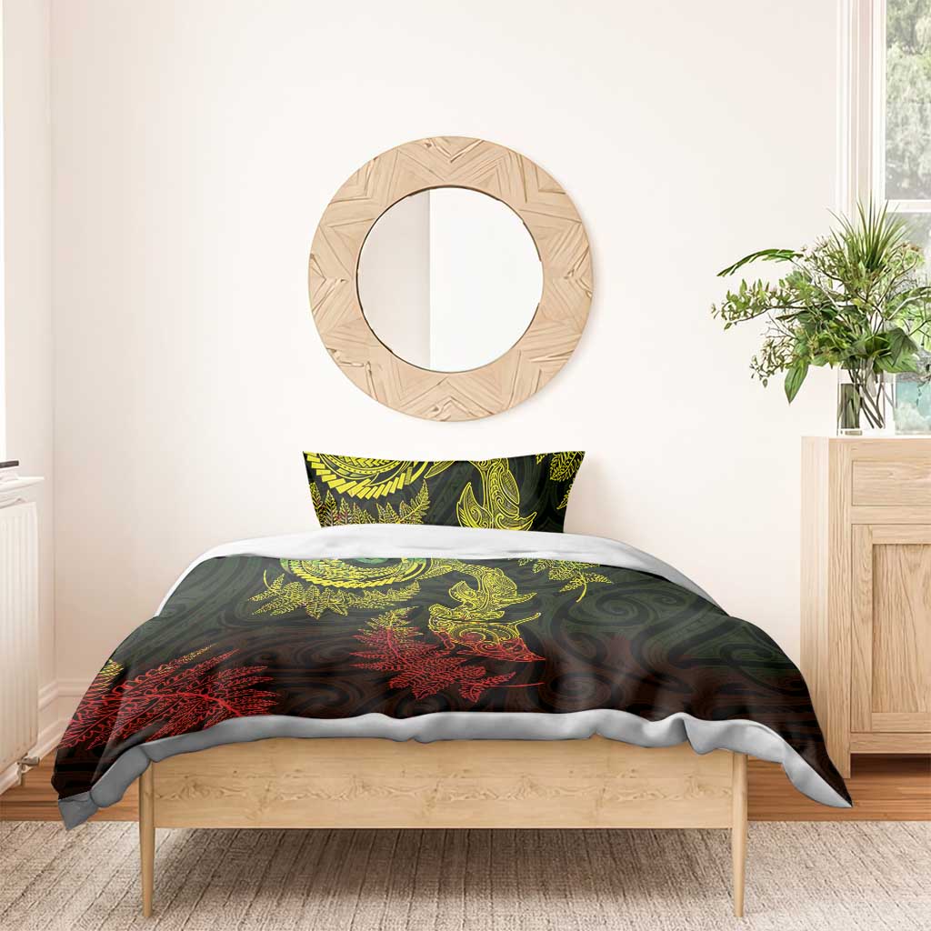 New Zealand Sea Animals with Maori Tribal Tattoo Bedding Set Shark Manta Ray with Silver Fern Reggae
