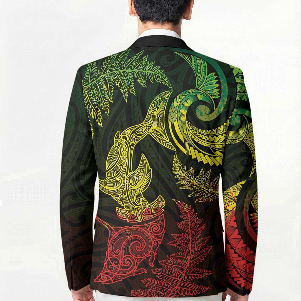 New Zealand Sea Animals with Maori Tribal Tattoo Blazer Shark Manta Ray with Silver Fern Reggae
