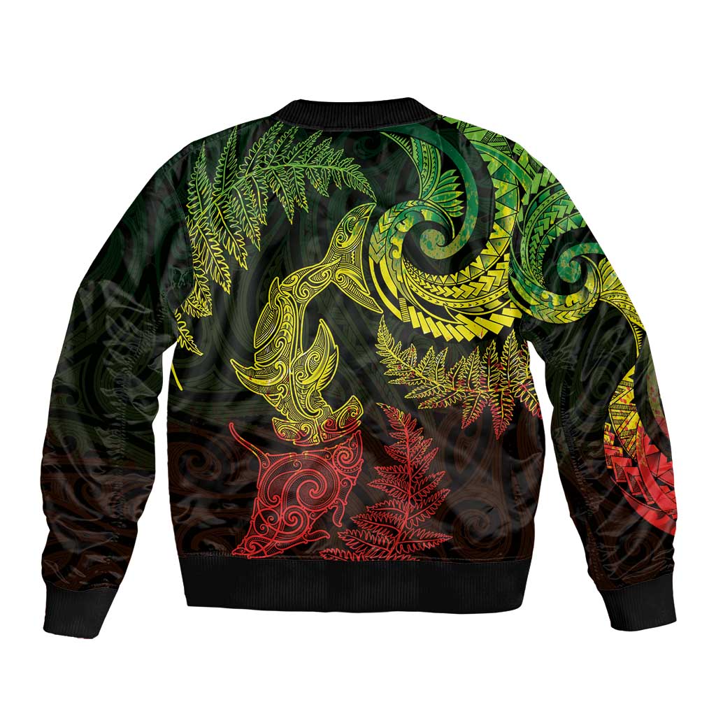 New Zealand Sea Animals with Maori Tribal Tattoo Bomber Jacket Shark Manta Ray with Silver Fern Reggae