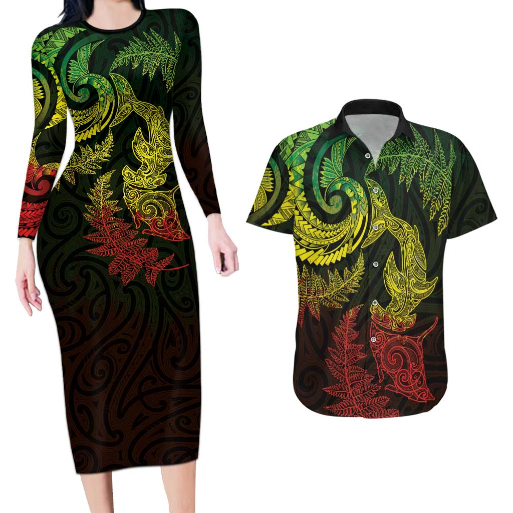 New Zealand Sea Animals with Maori Tribal Tattoo Couples Matching Long Sleeve Bodycon Dress and Hawaiian Shirt Shark Manta Ray with Silver Fern Reggae LT03 Reggae - Polynesian Pride