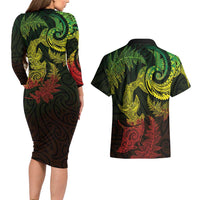New Zealand Sea Animals with Maori Tribal Tattoo Couples Matching Long Sleeve Bodycon Dress and Hawaiian Shirt Shark Manta Ray with Silver Fern Reggae LT03 - Polynesian Pride