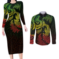 New Zealand Sea Animals with Maori Tribal Tattoo Couples Matching Long Sleeve Bodycon Dress and Long Sleeve Button Shirt Shark Manta Ray with Silver Fern Reggae