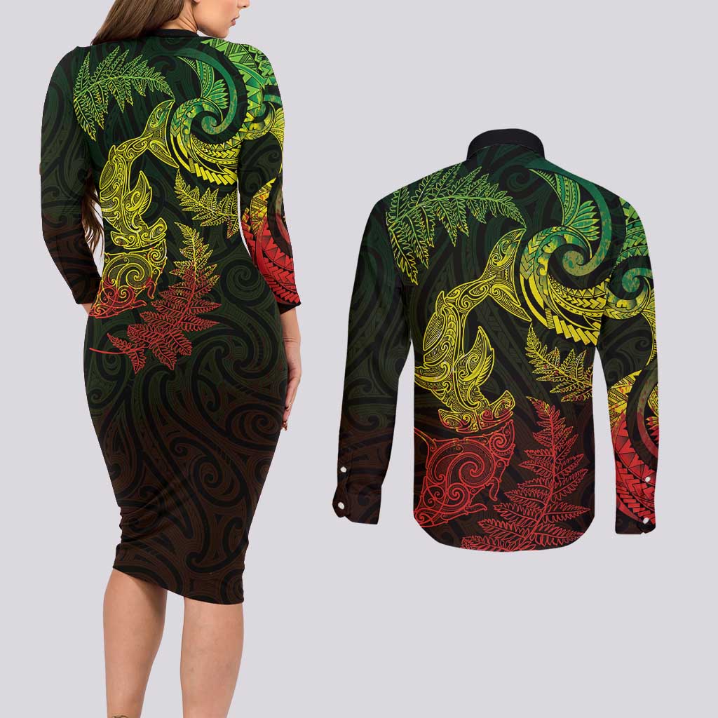 New Zealand Sea Animals with Maori Tribal Tattoo Couples Matching Long Sleeve Bodycon Dress and Long Sleeve Button Shirt Shark Manta Ray with Silver Fern Reggae