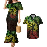 New Zealand Sea Animals with Maori Tribal Tattoo Couples Matching Mermaid Dress and Hawaiian Shirt Shark Manta Ray with Silver Fern Reggae