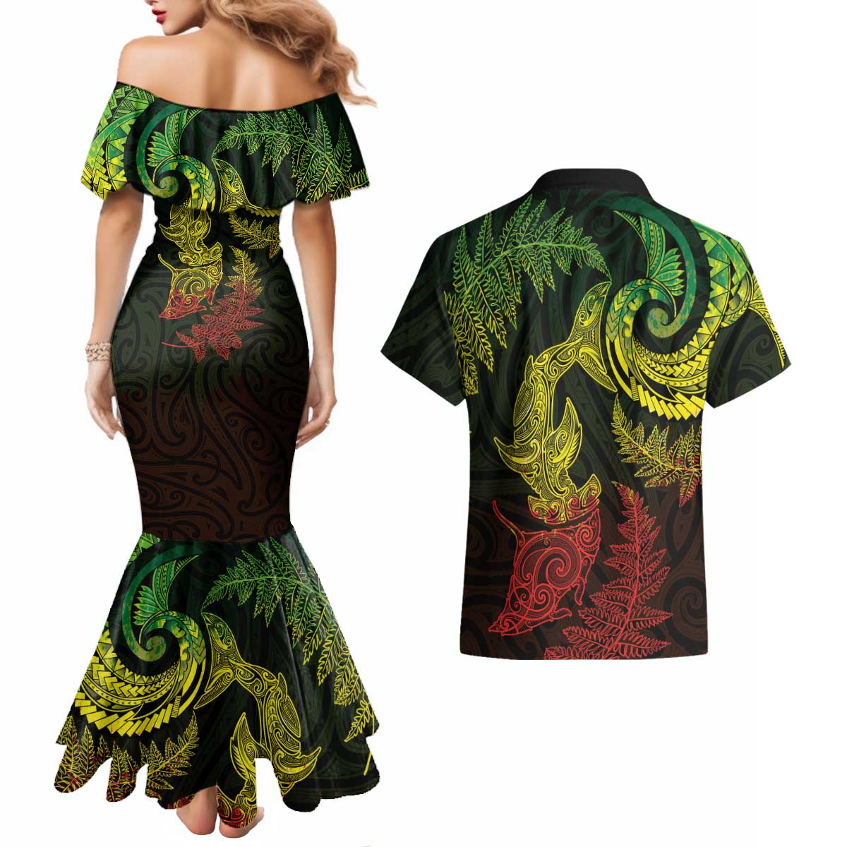 New Zealand Sea Animals with Maori Tribal Tattoo Couples Matching Mermaid Dress and Hawaiian Shirt Shark Manta Ray with Silver Fern Reggae
