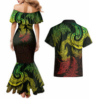New Zealand Sea Animals with Maori Tribal Tattoo Couples Matching Mermaid Dress and Hawaiian Shirt Shark Manta Ray with Silver Fern Reggae