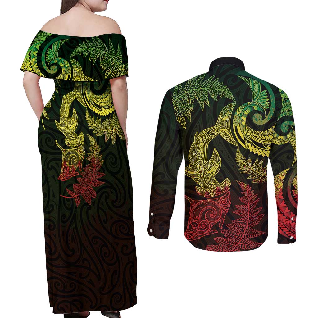 New Zealand Sea Animals with Maori Tribal Tattoo Couples Matching Off Shoulder Maxi Dress and Long Sleeve Button Shirt Shark Manta Ray with Silver Fern Reggae