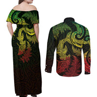 New Zealand Sea Animals with Maori Tribal Tattoo Couples Matching Off Shoulder Maxi Dress and Long Sleeve Button Shirt Shark Manta Ray with Silver Fern Reggae