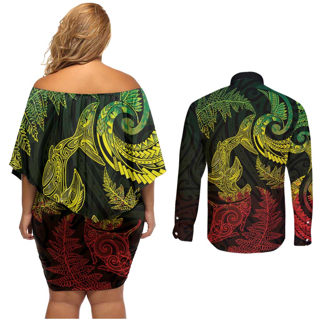New Zealand Sea Animals with Maori Tribal Tattoo Couples Matching Off Shoulder Short Dress and Long Sleeve Button Shirt Shark Manta Ray with Silver Fern Reggae