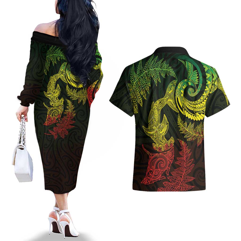 New Zealand Sea Animals with Maori Tribal Tattoo Couples Matching Off The Shoulder Long Sleeve Dress and Hawaiian Shirt Shark Manta Ray with Silver Fern Reggae