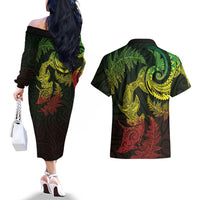 New Zealand Sea Animals with Maori Tribal Tattoo Couples Matching Off The Shoulder Long Sleeve Dress and Hawaiian Shirt Shark Manta Ray with Silver Fern Reggae
