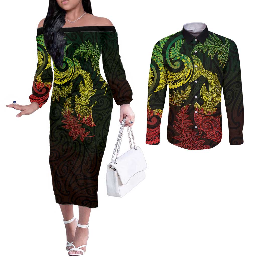 New Zealand Sea Animals with Maori Tribal Tattoo Couples Matching Off The Shoulder Long Sleeve Dress and Long Sleeve Button Shirt Shark Manta Ray with Silver Fern Reggae