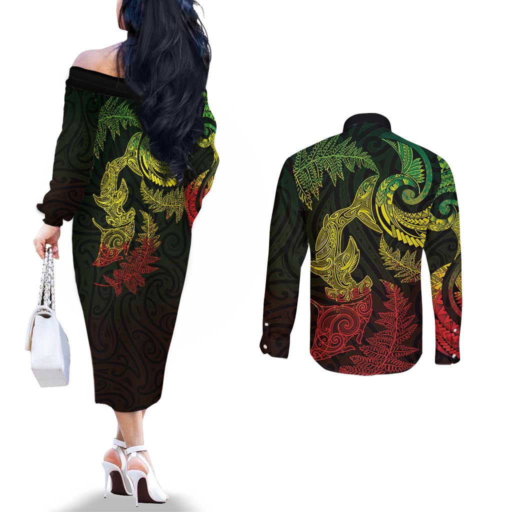 New Zealand Sea Animals with Maori Tribal Tattoo Couples Matching Off The Shoulder Long Sleeve Dress and Long Sleeve Button Shirt Shark Manta Ray with Silver Fern Reggae