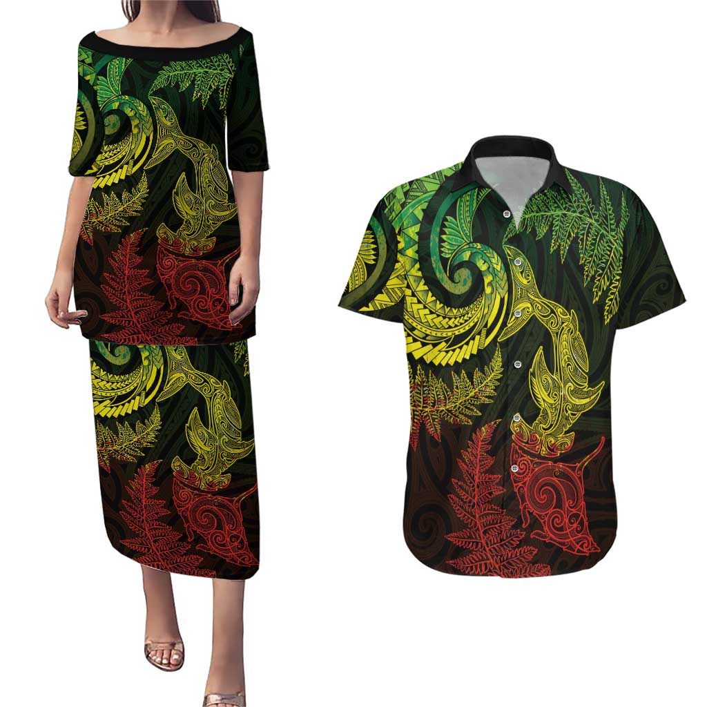 New Zealand Sea Animals with Maori Tribal Tattoo Couples Matching Puletasi and Hawaiian Shirt Shark Manta Ray with Silver Fern Reggae LT03 Reggae - Polynesian Pride