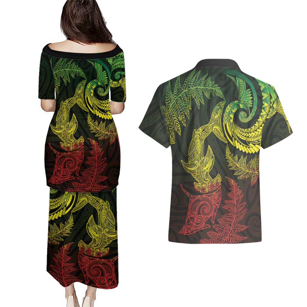 New Zealand Sea Animals with Maori Tribal Tattoo Couples Matching Puletasi and Hawaiian Shirt Shark Manta Ray with Silver Fern Reggae LT03 - Polynesian Pride