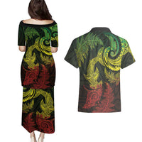 New Zealand Sea Animals with Maori Tribal Tattoo Couples Matching Puletasi and Hawaiian Shirt Shark Manta Ray with Silver Fern Reggae LT03 - Polynesian Pride