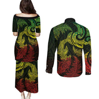 New Zealand Sea Animals with Maori Tribal Tattoo Couples Matching Puletasi and Long Sleeve Button Shirt Shark Manta Ray with Silver Fern Reggae