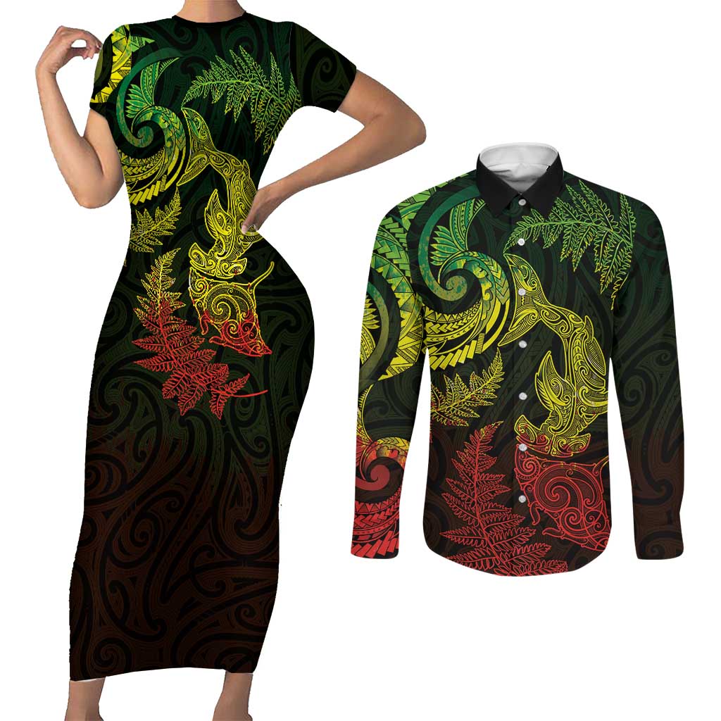 New Zealand Sea Animals with Maori Tribal Tattoo Couples Matching Short Sleeve Bodycon Dress and Long Sleeve Button Shirt Shark Manta Ray with Silver Fern Reggae