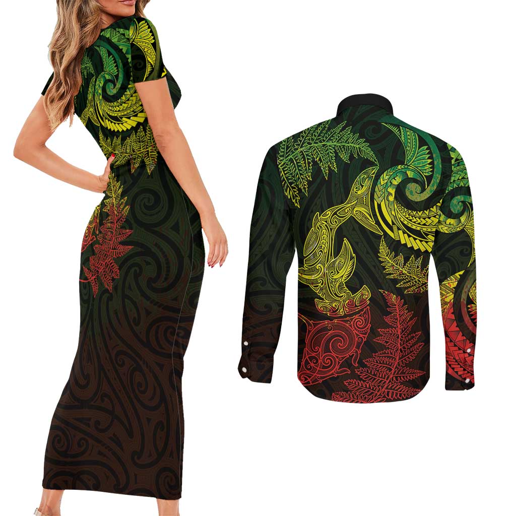 New Zealand Sea Animals with Maori Tribal Tattoo Couples Matching Short Sleeve Bodycon Dress and Long Sleeve Button Shirt Shark Manta Ray with Silver Fern Reggae
