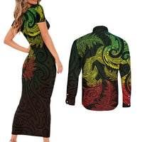 New Zealand Sea Animals with Maori Tribal Tattoo Couples Matching Short Sleeve Bodycon Dress and Long Sleeve Button Shirt Shark Manta Ray with Silver Fern Reggae