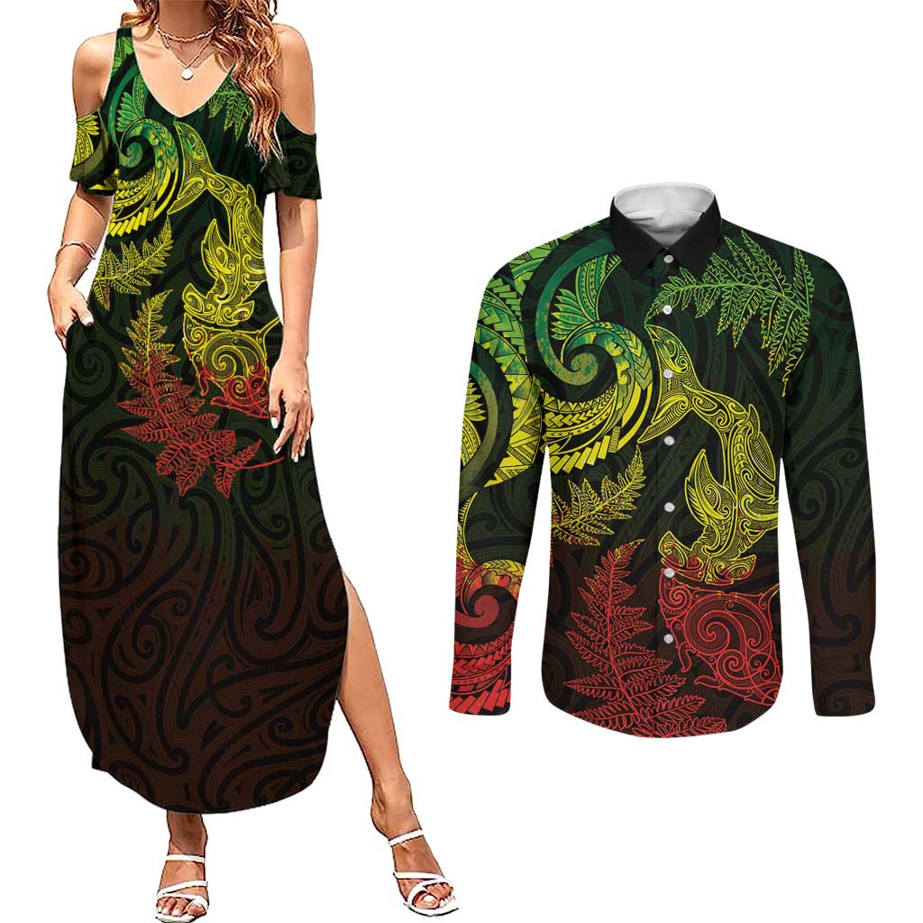 New Zealand Sea Animals with Maori Tribal Tattoo Couples Matching Summer Maxi Dress and Long Sleeve Button Shirt Shark Manta Ray with Silver Fern Reggae