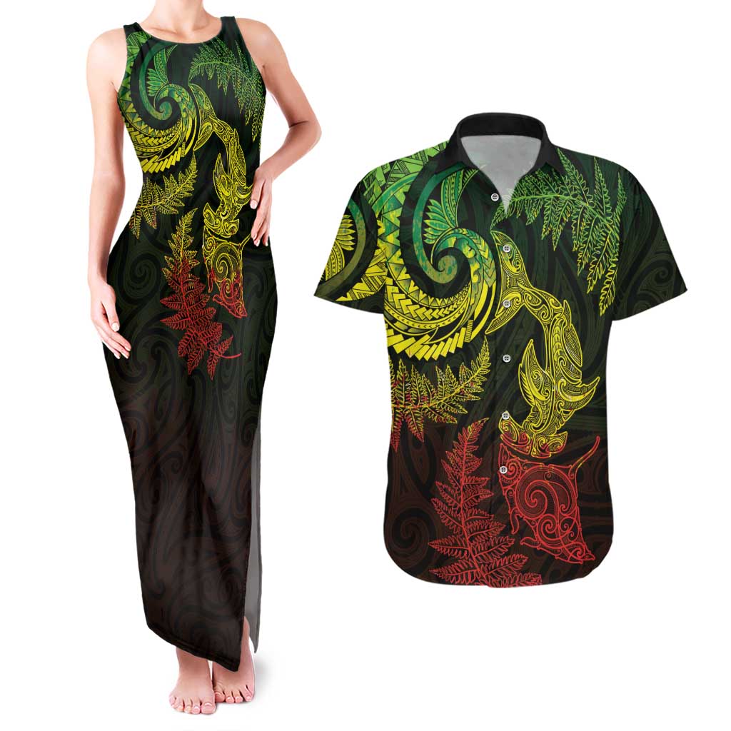 New Zealand Sea Animals with Maori Tribal Tattoo Couples Matching Tank Maxi Dress and Hawaiian Shirt Shark Manta Ray with Silver Fern Reggae