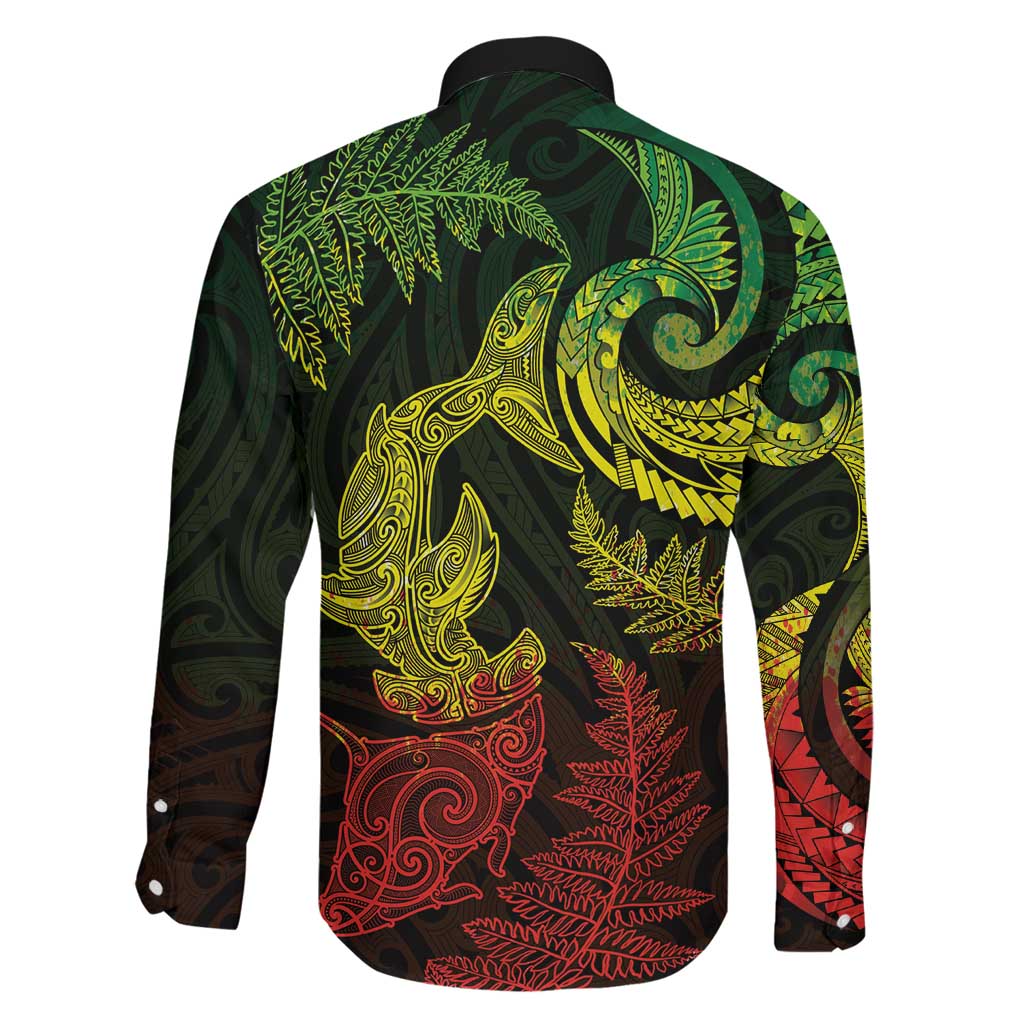 New Zealand Sea Animals with Maori Tribal Tattoo Family Matching Long Sleeve Bodycon Dress and Hawaiian Shirt Shark Manta Ray with Silver Fern Reggae