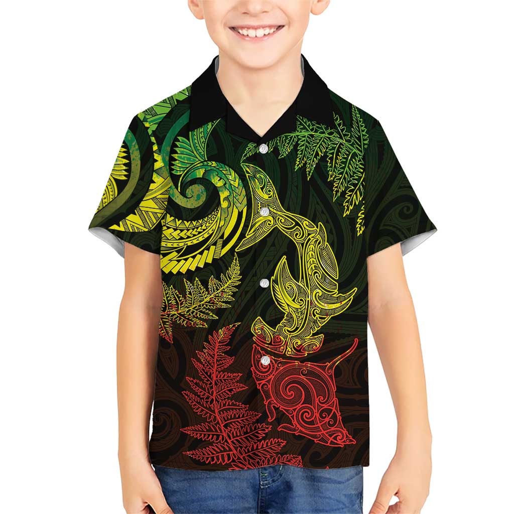 New Zealand Sea Animals with Maori Tribal Tattoo Family Matching Long Sleeve Bodycon Dress and Hawaiian Shirt Shark Manta Ray with Silver Fern Reggae
