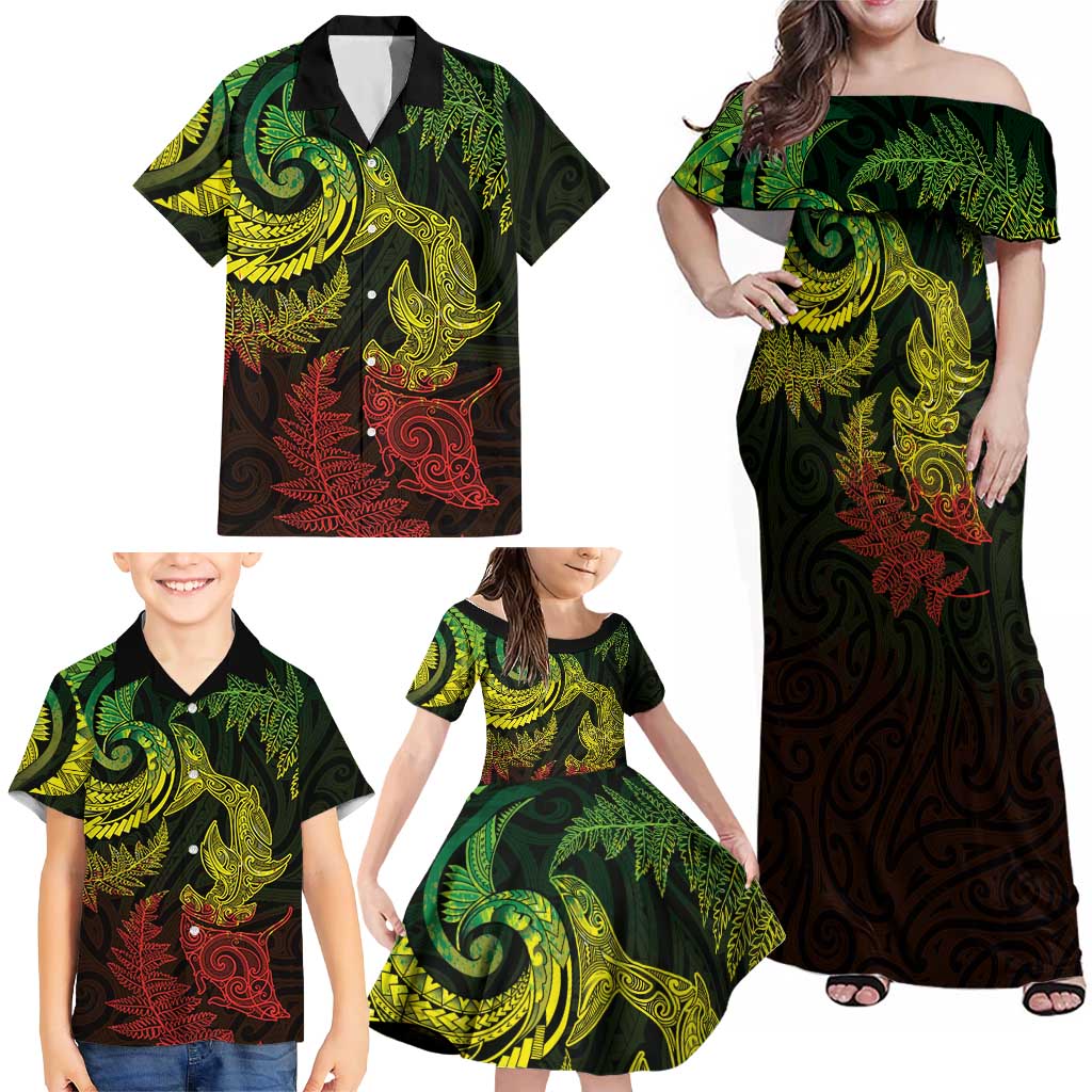 New Zealand Sea Animals with Maori Tribal Tattoo Family Matching Off Shoulder Maxi Dress and Hawaiian Shirt Shark Manta Ray with Silver Fern Reggae