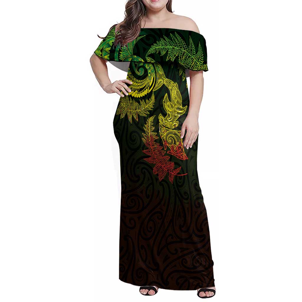 New Zealand Sea Animals with Maori Tribal Tattoo Family Matching Off Shoulder Maxi Dress and Hawaiian Shirt Shark Manta Ray with Silver Fern Reggae