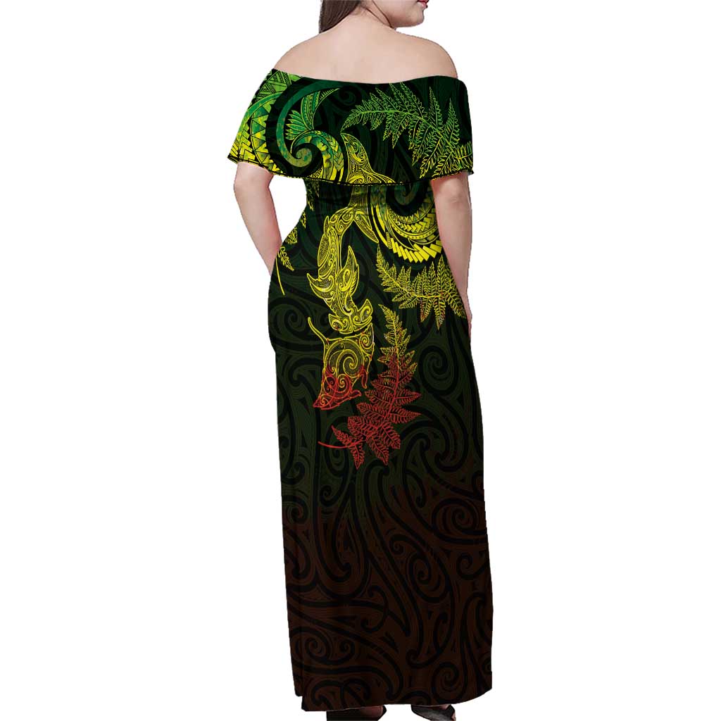 New Zealand Sea Animals with Maori Tribal Tattoo Family Matching Off Shoulder Maxi Dress and Hawaiian Shirt Shark Manta Ray with Silver Fern Reggae