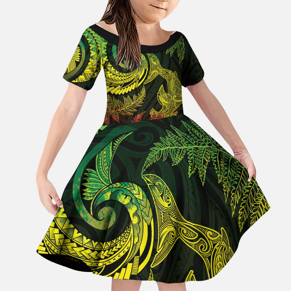 New Zealand Sea Animals with Maori Tribal Tattoo Family Matching Off Shoulder Short Dress and Hawaiian Shirt Shark Manta Ray with Silver Fern Reggae