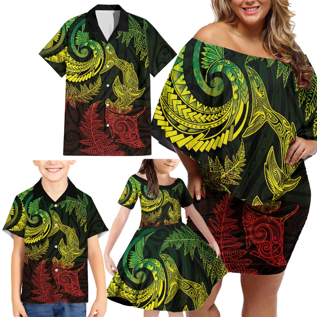 New Zealand Sea Animals with Maori Tribal Tattoo Family Matching Off Shoulder Short Dress and Hawaiian Shirt Shark Manta Ray with Silver Fern Reggae