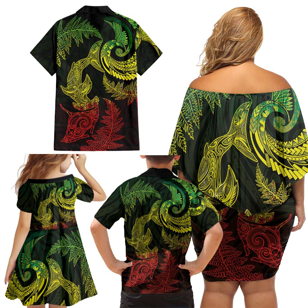 New Zealand Sea Animals with Maori Tribal Tattoo Family Matching Off Shoulder Short Dress and Hawaiian Shirt Shark Manta Ray with Silver Fern Reggae