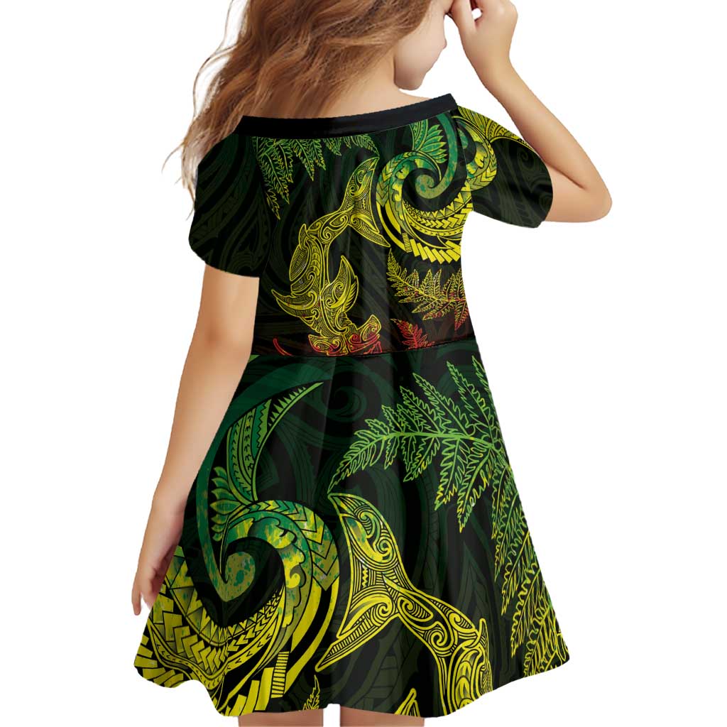 New Zealand Sea Animals with Maori Tribal Tattoo Family Matching Short Sleeve Bodycon Dress and Hawaiian Shirt Shark Manta Ray with Silver Fern Reggae