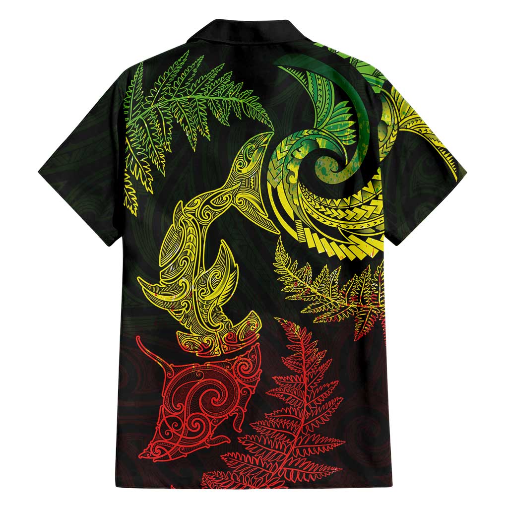 New Zealand Sea Animals with Maori Tribal Tattoo Family Matching Short Sleeve Bodycon Dress and Hawaiian Shirt Shark Manta Ray with Silver Fern Reggae