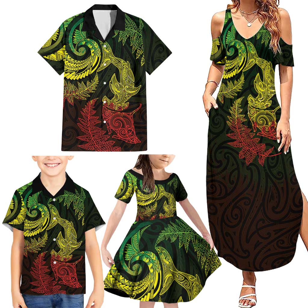 New Zealand Sea Animals with Maori Tribal Tattoo Family Matching Summer Maxi Dress and Hawaiian Shirt Shark Manta Ray with Silver Fern Reggae